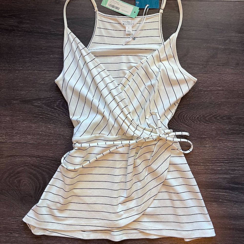 NWT Market & Spruce Vinnea Faux Wrap Ponte Knit Tank Top, White Striped Size M